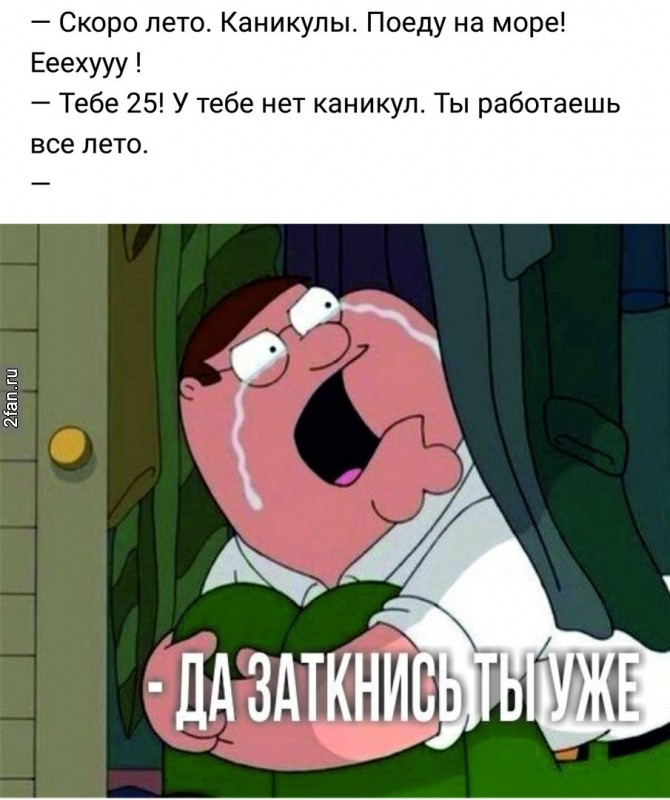скоро лето, каникулы, поеду на море! еееххууу! - тебе 25 у тебя нет каникул. ты работаешь всё лето. гриффин плачет - да заткнись ты уже