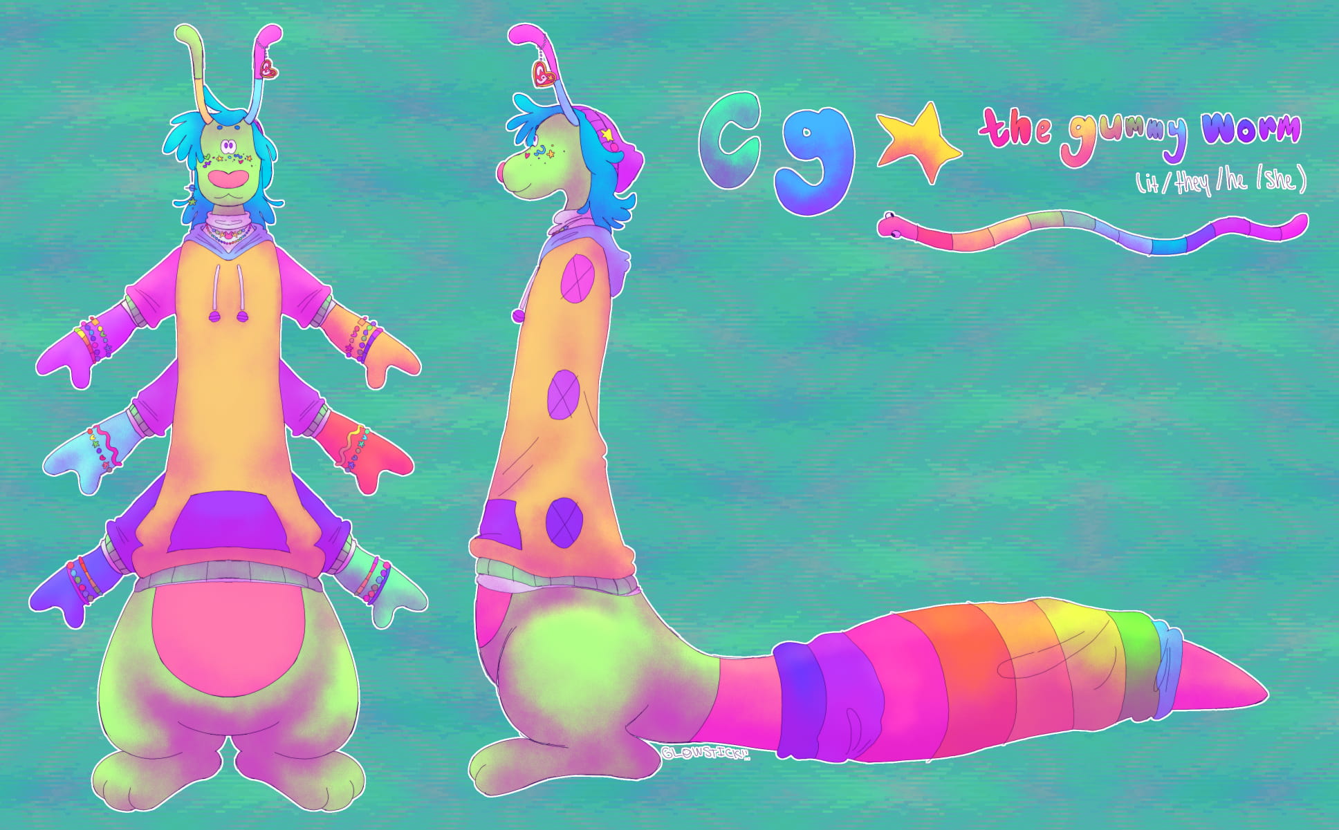 The same ref sheet, but with the clothes overlaid. They are wearing a white turtle neck underneath a hoodie with a yellow base and purple sleeves. They are wearing several braclets and the aglets on the hoodie strings are stylized to look like lollipops. They also have a massive rainbow legwarmer that wraps around their tail