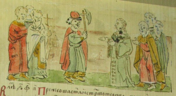 Расправа князя Глеба с волхвами в Новгороде. Миниатюра Радзивилловой летописи